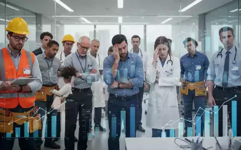 Eine Gruppe unterschiedlicher Arbeiter, die Müdigkeit und Konzentration zeigen, mit subtilen Datenvisualisierungen im Hintergrund. - Foto: über boerse-global.de