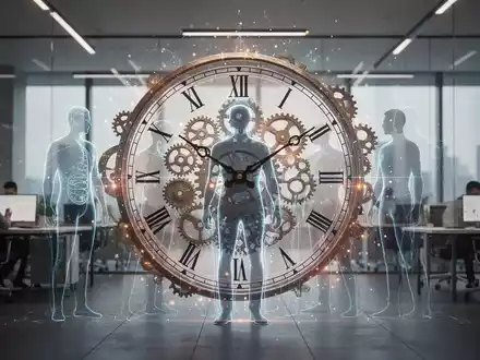 Eine stilisierte Uhr mit Zahnrädern und leuchtenden Elementen, die mit menschlichen Silhouetten in einem Büro verschmelzen. - Foto: über boerse-global.de