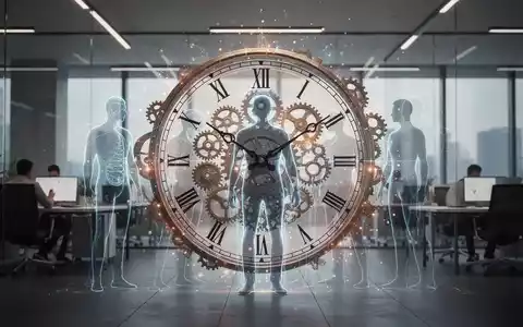 Eine stilisierte Uhr mit ZahnrĂ€dern und leuchtenden Elementen, die mit menschlichen Silhouetten in einem BĂŒro verschmelzen. - Foto: ĂŒber boerse-global.de