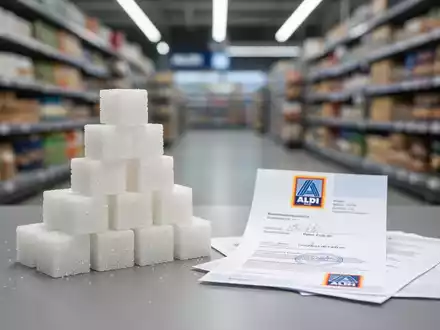 Zuckerwürfelpyramide neben einem offiziellen Dokument, mit einem unscharfen Supermarkthintergrund. - Foto: über boerse-global.de