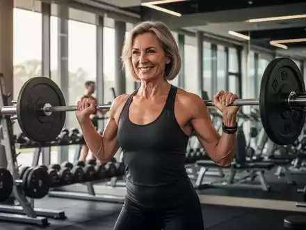 Eine lächelnde Frau mittleren Alters hebt Gewichte in einem hellen Fitnessstudio und symbolisiert Stärke und Gesundheit nach 40. - Foto: über boerse-global.de
