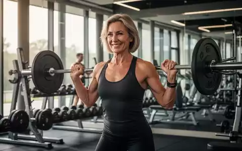 Eine lächelnde Frau mittleren Alters hebt Gewichte in einem hellen Fitnessstudio und symbolisiert Stärke und Gesundheit nach 40. - Foto: über boerse-global.de