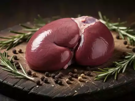 Nahaufnahme einer frischen, rohen Schweineniere auf einem dunklen Holzbrett, umgeben von Rosmarin und Pfefferkörnern. - Foto: über boerse-global.de