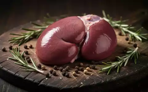 Nahaufnahme einer frischen, rohen Schweineniere auf einem dunklen Holzbrett, umgeben von Rosmarin und Pfefferkörnern. - Foto: über boerse-global.de