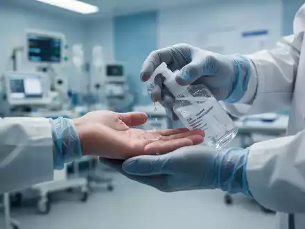 Nahaufnahme der Hände eines medizinischen Mitarbeiters, der Händedesinfektionsmittel aufträgt, mit verschwommenem Krankenhausinterieur im Hintergrund. - Foto: über boerse-global.de