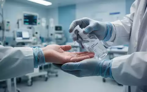 Nahaufnahme der Hände eines medizinischen Mitarbeiters, der Händedesinfektionsmittel aufträgt, mit verschwommenem Krankenhausinterieur im Hintergrund. - Foto: über boerse-global.de