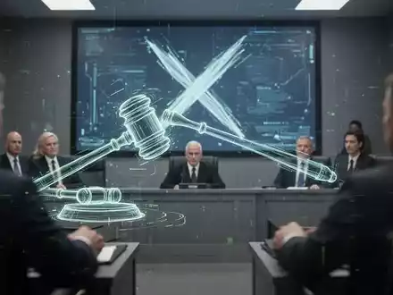 Eine futuristische Gerichtsszene mit einem stilisierten Richterhammer und einem 'X'-Symbol auf einem Bildschirm im Hintergrund. - Foto: über boerse-global.de