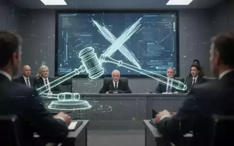 Eine futuristische Gerichtsszene mit einem stilisierten Richterhammer und einem 'X'-Symbol auf einem Bildschirm im Hintergrund. - Foto: über boerse-global.de