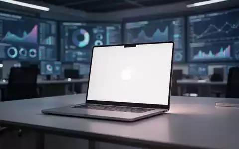 Nahaufnahme eines futuristischen MacBook-Laptops mit leuchtendem Bildschirm auf einem modernen Schreibtisch in einem verschwommenen Büro. - Foto: über boerse-global.de