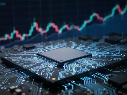 Nahaufnahme von Halbleiterchips mit blauer Beleuchtung und einem unscharfen, aufwärts gerichteten Börsenchart im Hintergrund. - Foto: über boerse-global.de