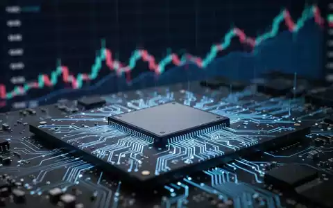 Nahaufnahme von Halbleiterchips mit blauer Beleuchtung und einem unscharfen, aufwärts gerichteten Börsenchart im Hintergrund. - Foto: über boerse-global.de