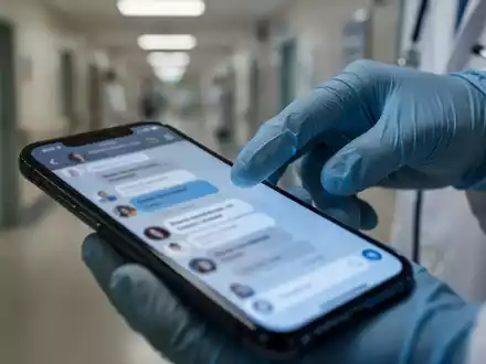 Ein Smartphone-Bildschirm zeigt eine verschwommene Chat-Oberfläche, eine behandschuhte Hand eines Arztes schwebt darüber. - Foto: über boerse-global.de