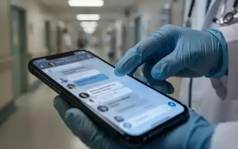 Ein Smartphone-Bildschirm zeigt eine verschwommene Chat-Oberfläche, eine behandschuhte Hand eines Arztes schwebt darüber. - Foto: über boerse-global.de