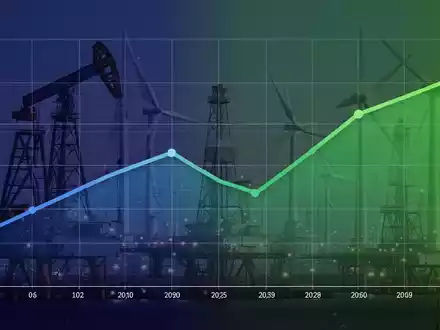 Eine stilisierte Grafik mit einem leichten Rückgang, überlagert mit Symbolen des Energiesektors wie Ölplattformen und Windturbinen. - Foto: über boerse-global.de