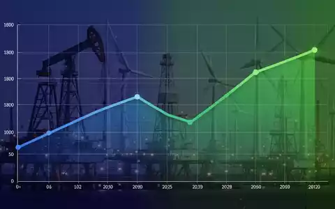 Eine stilisierte Grafik mit einem leichten Rückgang, überlagert mit Symbolen des Energiesektors wie Ölplattformen und Windturbinen. - Foto: über boerse-global.de