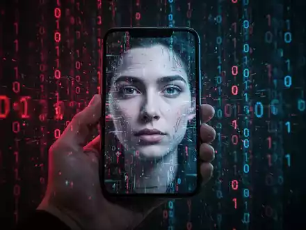 Eine Hand hält ein Smartphone, dessen Bildschirm ein verzerrtes, digitales Gesicht mit roten und blauen Code-Elementen zeigt, das KI-Betrug darstellt. - Foto: über boerse-global.de