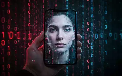 Eine Hand hält ein Smartphone, dessen Bildschirm ein verzerrtes, digitales Gesicht mit roten und blauen Code-Elementen zeigt, das KI-Betrug darstellt. - Foto: über boerse-global.de