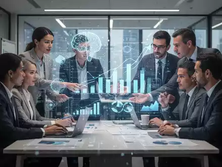 Geschäftsleute arbeiten mit holografischer Datenprojektion zusammen, Symbol für die Integration von KI und menschlichen Fähigkeiten in der modernen Arbeitswelt. - Foto: über boerse-global.de