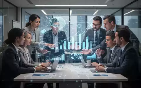 Geschäftsleute arbeiten mit holografischer Datenprojektion zusammen, Symbol für die Integration von KI und menschlichen Fähigkeiten in der modernen Arbeitswelt. - Foto: über boerse-global.de