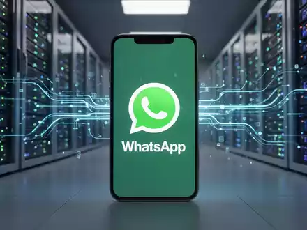 Ein Smartphone mit dem WhatsApp-Logo vor leuchtenden Server-Racks, die Datenspeicherung und Cloud-Backups symbolisieren. - Foto: über boerse-global.de