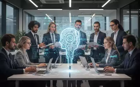 Ein leuchtendes KI-Assistent-Symbol interagiert mit verschiedenen Geschäftsleuten in einem modernen Büro, symbolisiert Produktivität und Technologieintegration. - Foto: über boerse-global.de