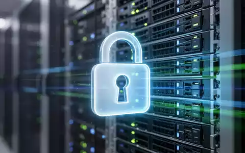 Leuchtendes Vorhängeschloss-Symbol über unscharfem Serverrack mit blauen und grünen Lichtstreifen, symbolisiert Datensicherheit. - Foto: über boerse-global.de