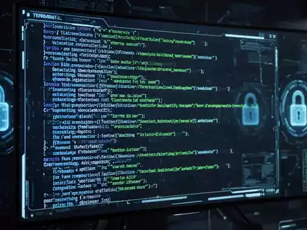 Nahaufnahme eines leuchtend blauen und grünen Terminalbildschirms mit Codezeilen, die Softwareentwicklung und Sicherheit symbolisieren. - Foto: über boerse-global.de