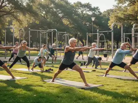 Menschen unterschiedlichen Alters nehmen an einem kostenlosen Sportkurs im Freien teil, der Yoga und Gymnastik in einem Park kombiniert. - Foto: über boerse-global.de