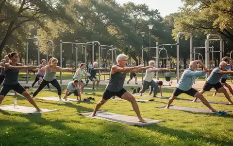 Menschen unterschiedlichen Alters nehmen an einem kostenlosen Sportkurs im Freien teil, der Yoga und Gymnastik in einem Park kombiniert. - Foto: über boerse-global.de