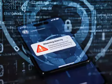 Ein Smartphone zeigt eine Warnmeldung auf dem Bildschirm, im Hintergrund sind unscharfe digitale Sicherheitselemente zu sehen. - Foto: über boerse-global.de