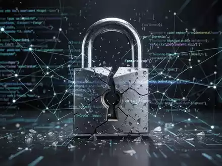 Kaputtes digitales Vorhängeschloss mit abstrakten Codezeilen und Netzwerkverbindungen, symbolisiert eine Zero-Day-Sicherheitslücke. - Foto: über boerse-global.de