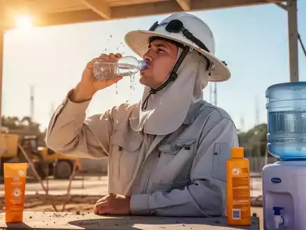 Ein Bauarbeiter trägt einen Helm mit Nackenschutz und leichte Arbeitskleidung, trinkt Wasser im Schatten an einem heißen Sommertag. - Foto: über boerse-global.de