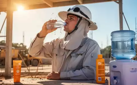 Ein Bauarbeiter trägt einen Helm mit Nackenschutz und leichte Arbeitskleidung, trinkt Wasser im Schatten an einem heißen Sommertag. - Foto: über boerse-global.de