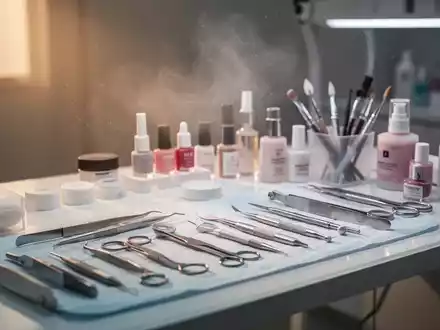 Ein aufgeräumter Arbeitsplatz in einem Nagelstudio, mit Werkzeugen und Produkten. Feinstaub ist in der Luft sichtbar, beleuchtet von warmem Licht. - Foto: über boerse-global.de