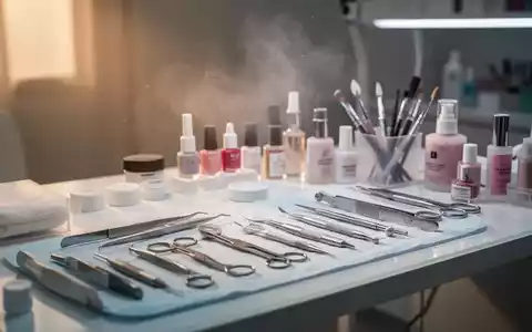 Ein aufgeräumter Arbeitsplatz in einem Nagelstudio, mit Werkzeugen und Produkten. Feinstaub ist in der Luft sichtbar, beleuchtet von warmem Licht. - Foto: über boerse-global.de