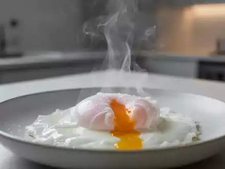 Ein pochiertes Ei auf einem Teller in einer modernen Küche, das die Nährstofferhaltung beim Kochen symbolisiert. - Foto: über boerse-global.de