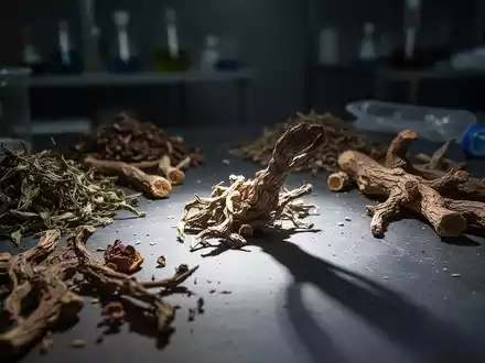 Nahaufnahme von getrockneten Kräutern und Wurzeln der Traditionellen Chinesischen Medizin, eine Zutat wirft einen langen Schatten. - Foto: über boerse-global.de