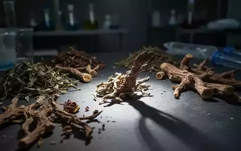 Nahaufnahme von getrockneten Kräutern und Wurzeln der Traditionellen Chinesischen Medizin, eine Zutat wirft einen langen Schatten. - Foto: über boerse-global.de