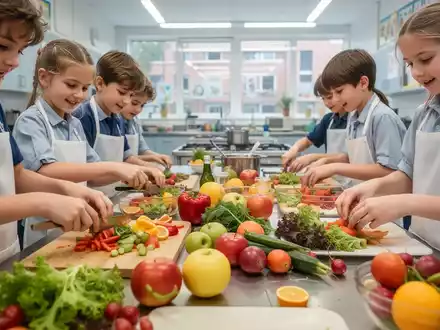 Kinderhände schneiden frisches Obst und Gemüse in einer hellen Schulküche, um eine gesunde Mahlzeit zuzubereiten. - Foto: über boerse-global.de
