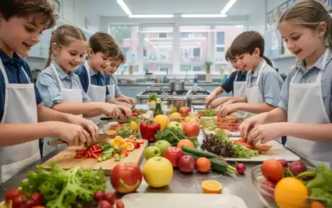 Kinderhände schneiden frisches Obst und Gemüse in einer hellen Schulküche, um eine gesunde Mahlzeit zuzubereiten. - Foto: über boerse-global.de