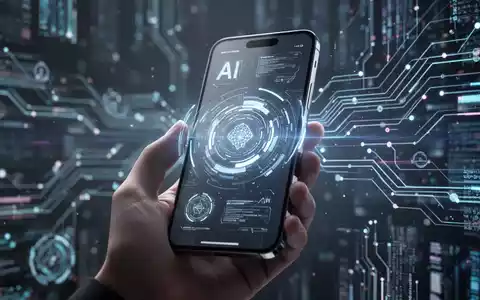 Futuristisches Smartphone mit KI-Funktionen, in einer Hand gehalten, Hintergrund mit abstrakten Datenströmen. - Foto: über boerse-global.de