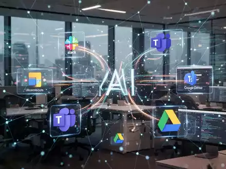 Abstraktes Bild von leuchtenden Linien und Knoten, die KI-Agenten bei der Integration in digitale Büroplattformen darstellen, symbolisiert Produktivität und Konnektivität. - Foto: über boerse-global.de