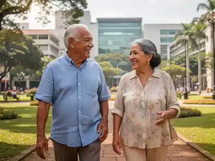 Ein Ă€lteres hispanisches Paar lĂ€chelt und geht in einem sonnigen Park, im Hintergrund angedeutete Forschungseinrichtungen. - Foto: ĂŒber boerse-global.de