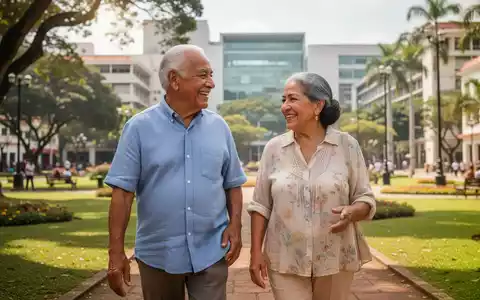 Ein älteres hispanisches Paar lächelt und geht in einem sonnigen Park, im Hintergrund angedeutete Forschungseinrichtungen. - Foto: über boerse-global.de