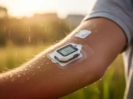 Nahaufnahme des Arms einer Person mit einem Glukosesensor, im unscharfen Hintergrund eine sommerliche Umgebung. - Foto: über boerse-global.de