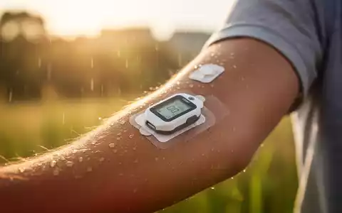 Nahaufnahme des Arms einer Person mit einem Glukosesensor, im unscharfen Hintergrund eine sommerliche Umgebung. - Foto: über boerse-global.de