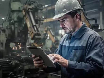 Ein Fabrikarbeiter betrachtet mit besorgtem Ausdruck ein Tablet in einer Industriehalle mit verschwommenen Maschinen im Hintergrund. - Foto: über boerse-global.de