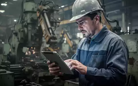 Ein Fabrikarbeiter betrachtet mit besorgtem Ausdruck ein Tablet in einer Industriehalle mit verschwommenen Maschinen im Hintergrund. - Foto: über boerse-global.de