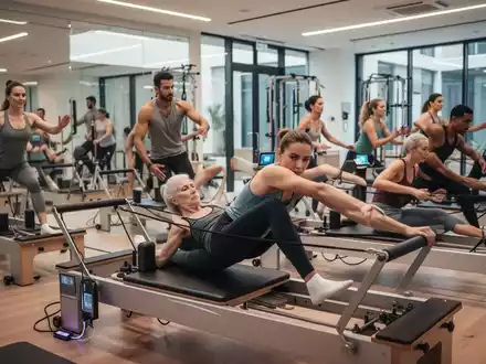 Menschen verschiedenen Geschlechts und Alters trainieren auf modernen Pilates-Reformern in einem stilvollen Fitnessstudio. - Foto: über boerse-global.de