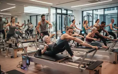 Menschen verschiedenen Geschlechts und Alters trainieren auf modernen Pilates-Reformern in einem stilvollen Fitnessstudio. - Foto: über boerse-global.de